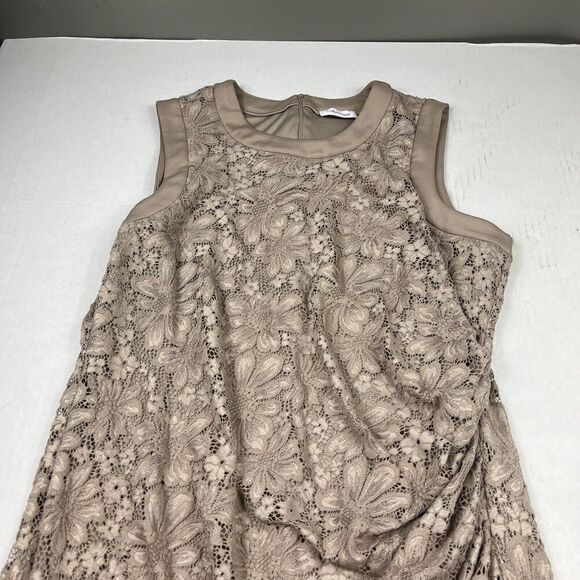 Calvin Klein Lace Ruched Sheath Dress Beige Back Zip Sleeveless Work Size 10 - Picture 3 of 10